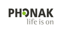 Phonak logo i sort med kendetegnet grøn grafik